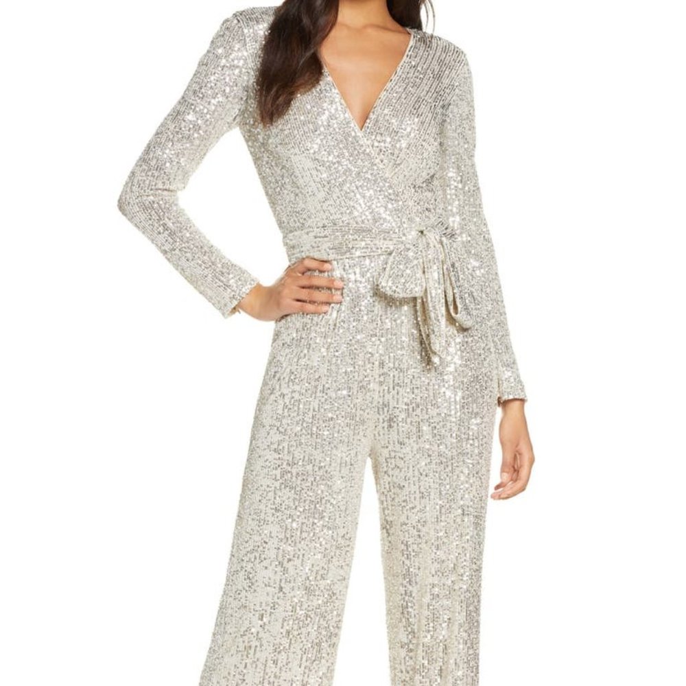 ELIZA J Sequin Wrap Front Long Sleeve Jumpsuit GOLD SZ 10